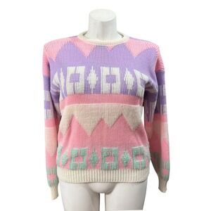 Vintage Nan Dorsey Pastel Geometric Knit Sweater Pink Purple Made in USA Large